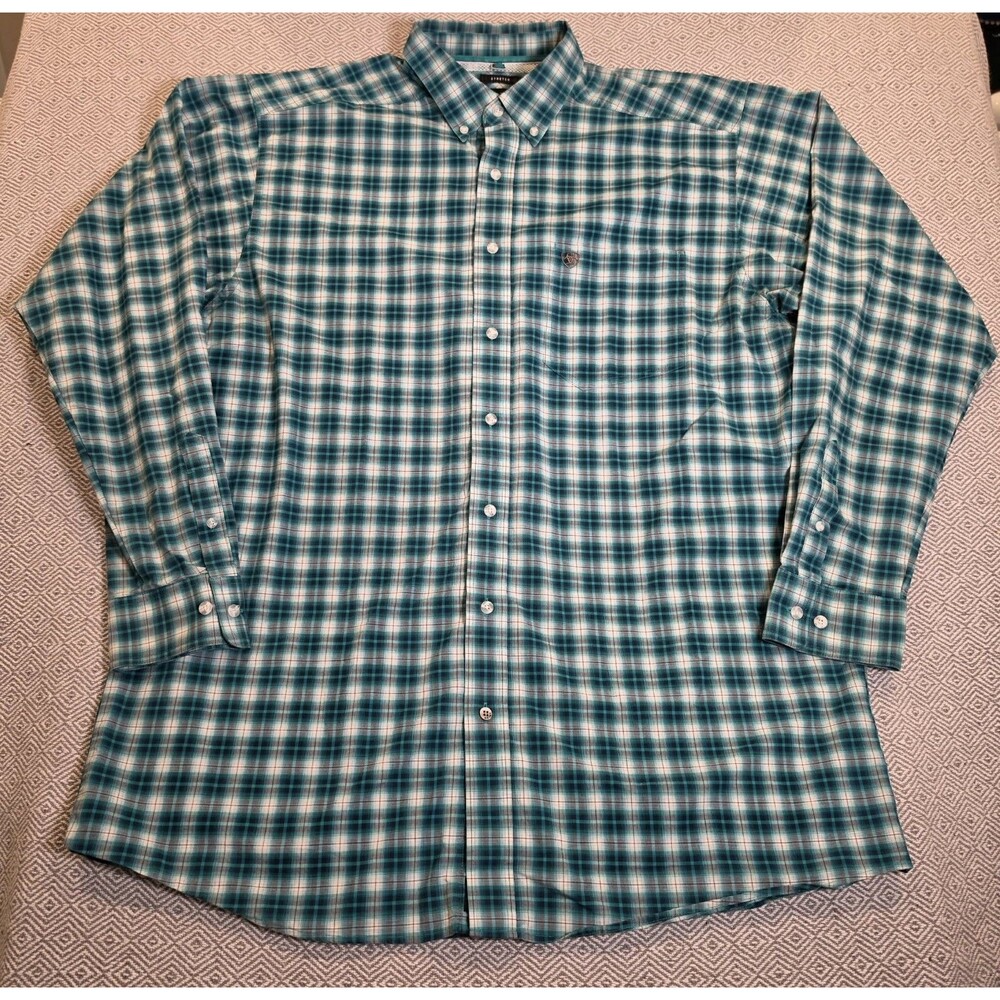 Ariat Pro Series Stretch Plaid Button Down Shirt XL Tall Teal Western Rodeo